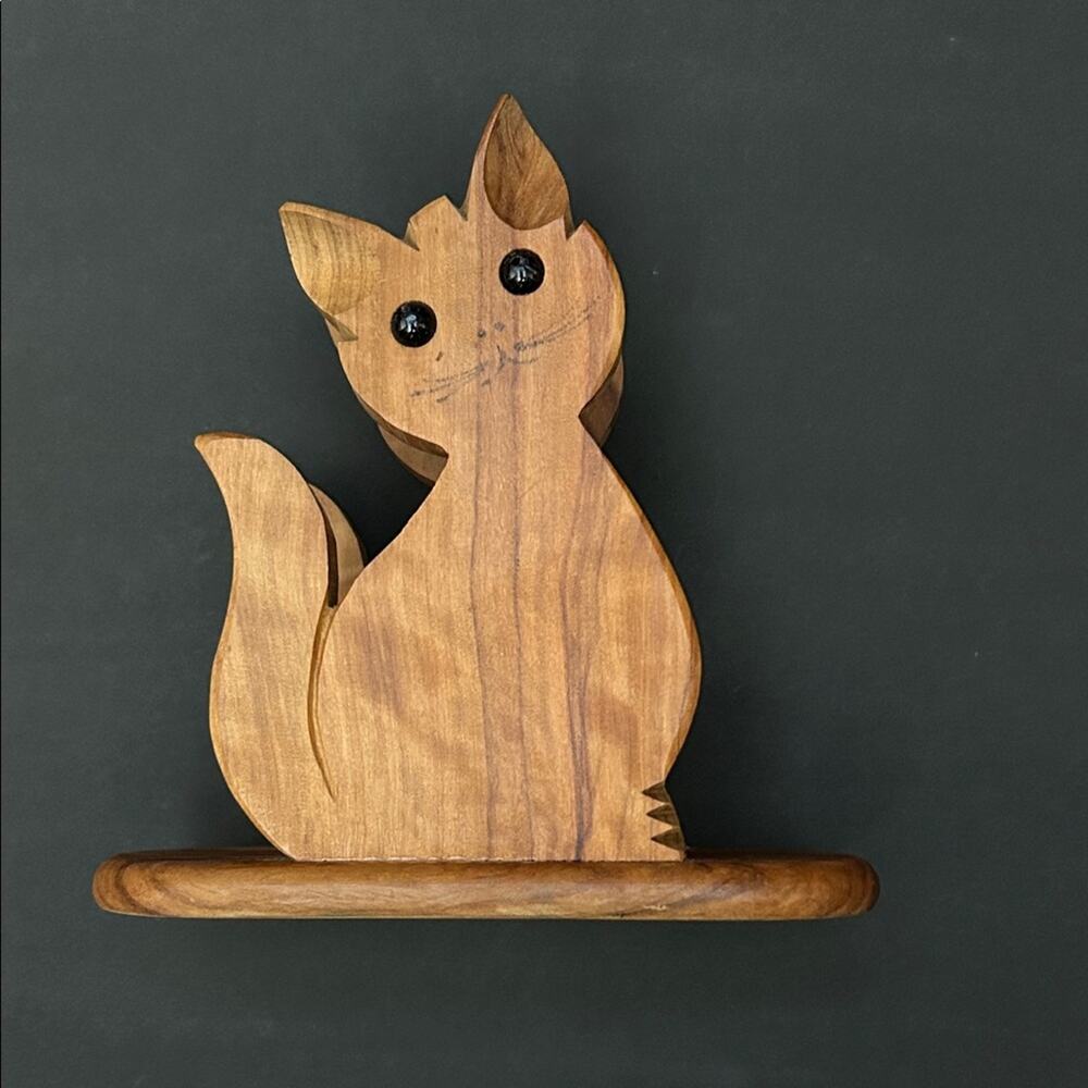 Vintage Handcrafted Wooden Cat Napkin Holder with Glass Eyes